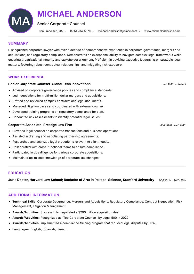 Corporate Lawyer resume example