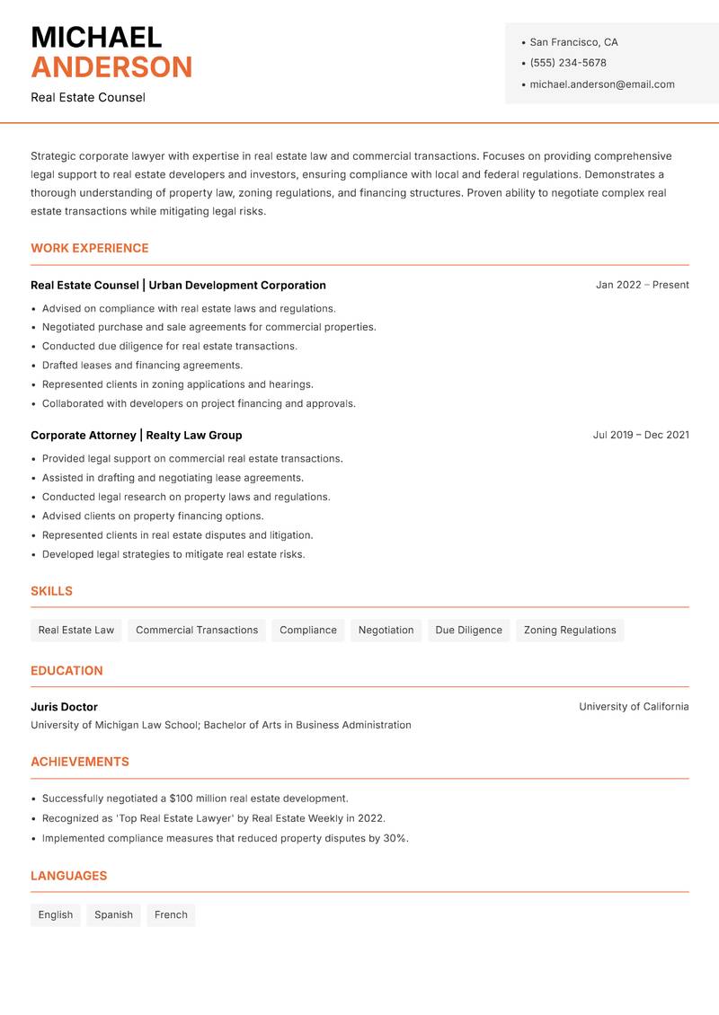 Corporate Lawyer resume sample — Real Estate Counsel focus