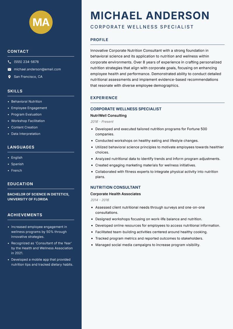 Corporate Nutrition Consultant resume sample — Corporate Wellness Specialist focus