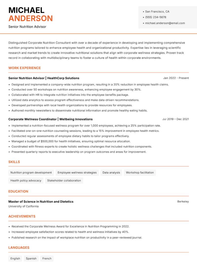 Corporate Nutrition Consultant resume sample — Senior Nutrition Advisor focus