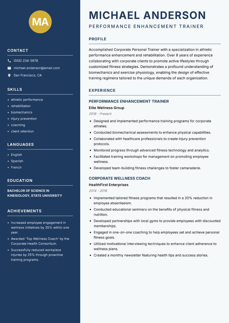 Corporate Personal Trainer resume sample — Performance Enhancement Trainer focus