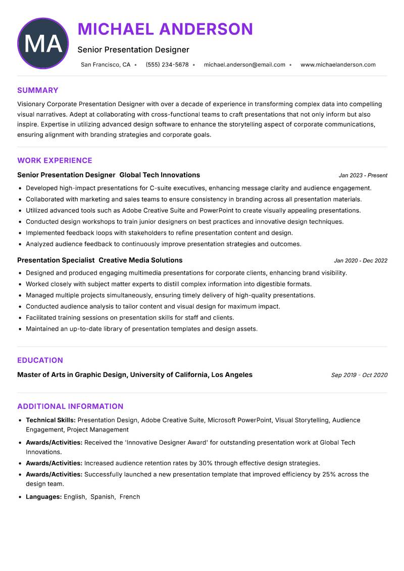 Corporate Presentation Designer resume example
