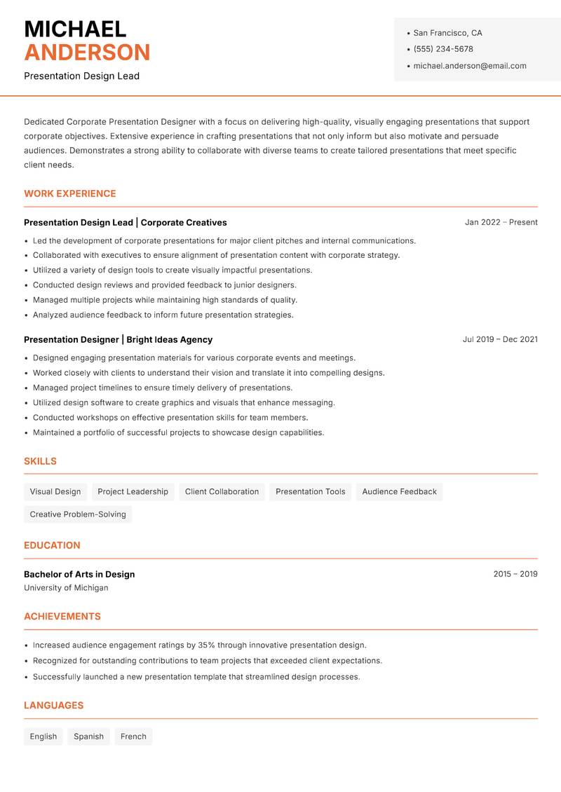Corporate Presentation Designer resume sample — Presentation Design Lead focus