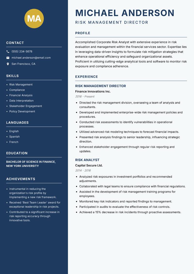 Corporate Risk Analyst resume sample — Risk Management Director focus