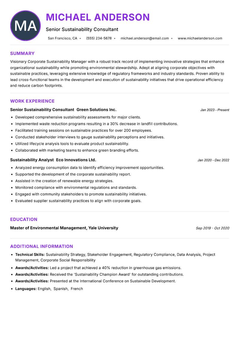 Corporate Sustainability Manager resume example