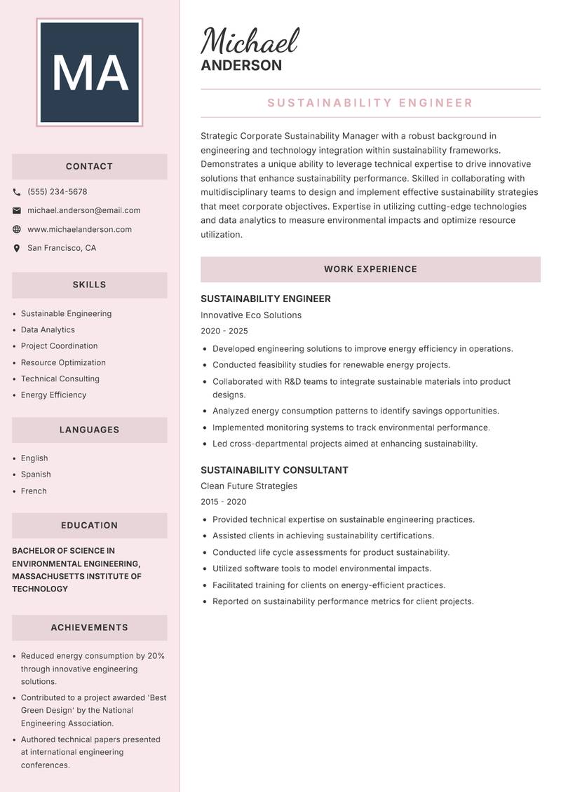 Corporate Sustainability Manager resume sample — Sustainability Engineer focus