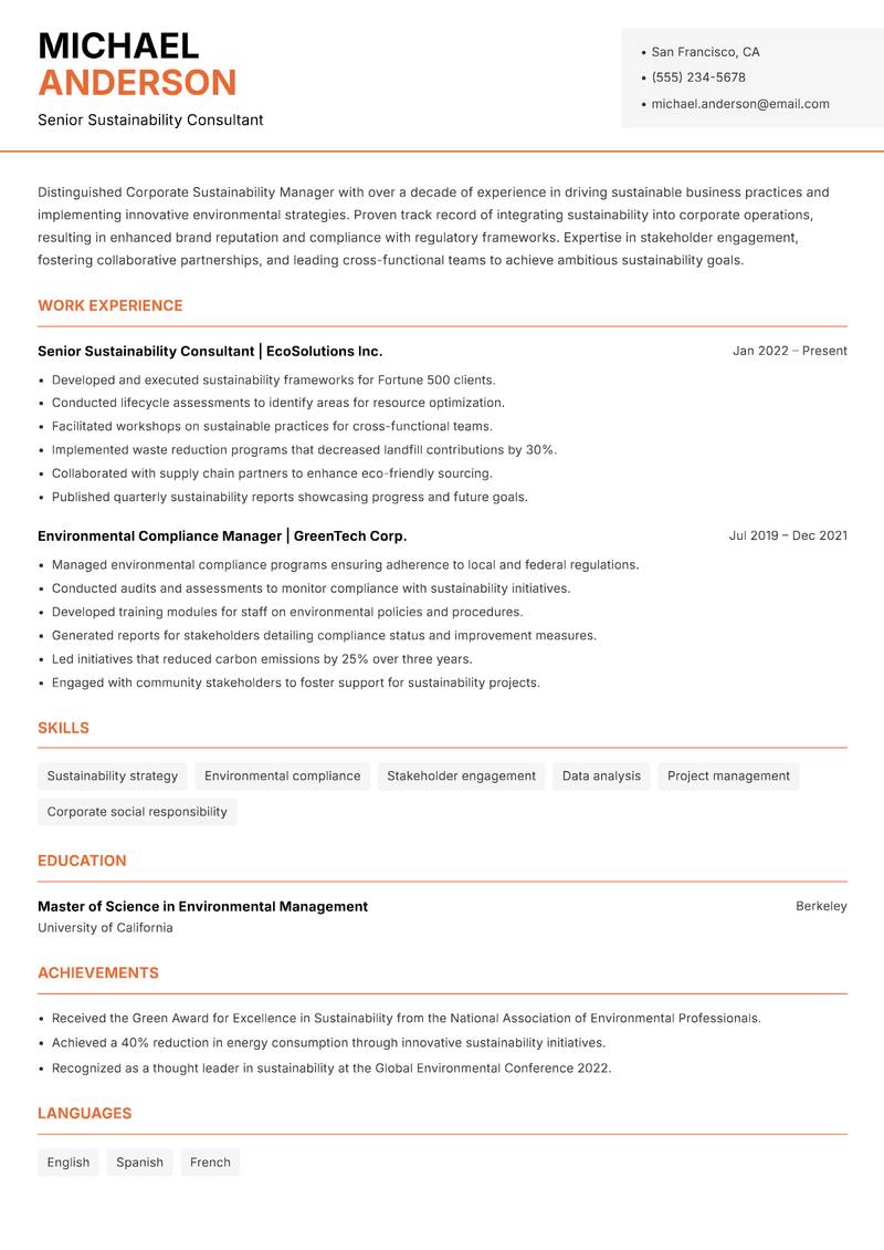 Corporate Sustainability Manager resume sample — Senior Sustainability Consultant focus