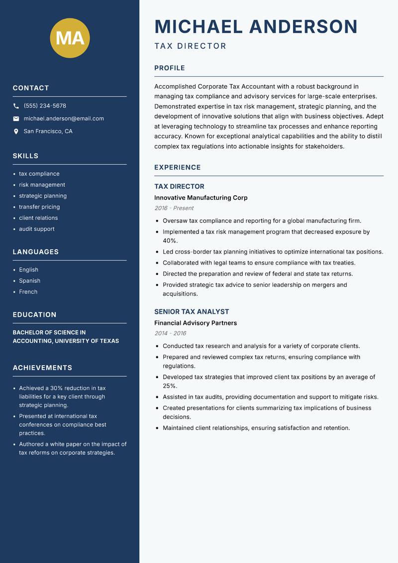 Corporate Tax Accountant resume sample — Tax Director focus