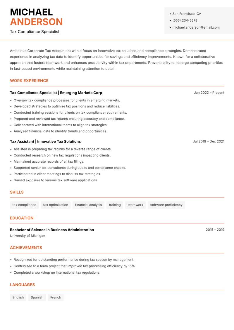Corporate Tax Accountant resume sample — Tax Compliance Specialist focus