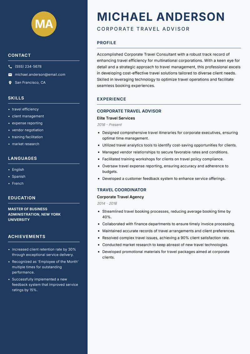 Corporate Travel Consultant resume sample — Corporate Travel Advisor focus