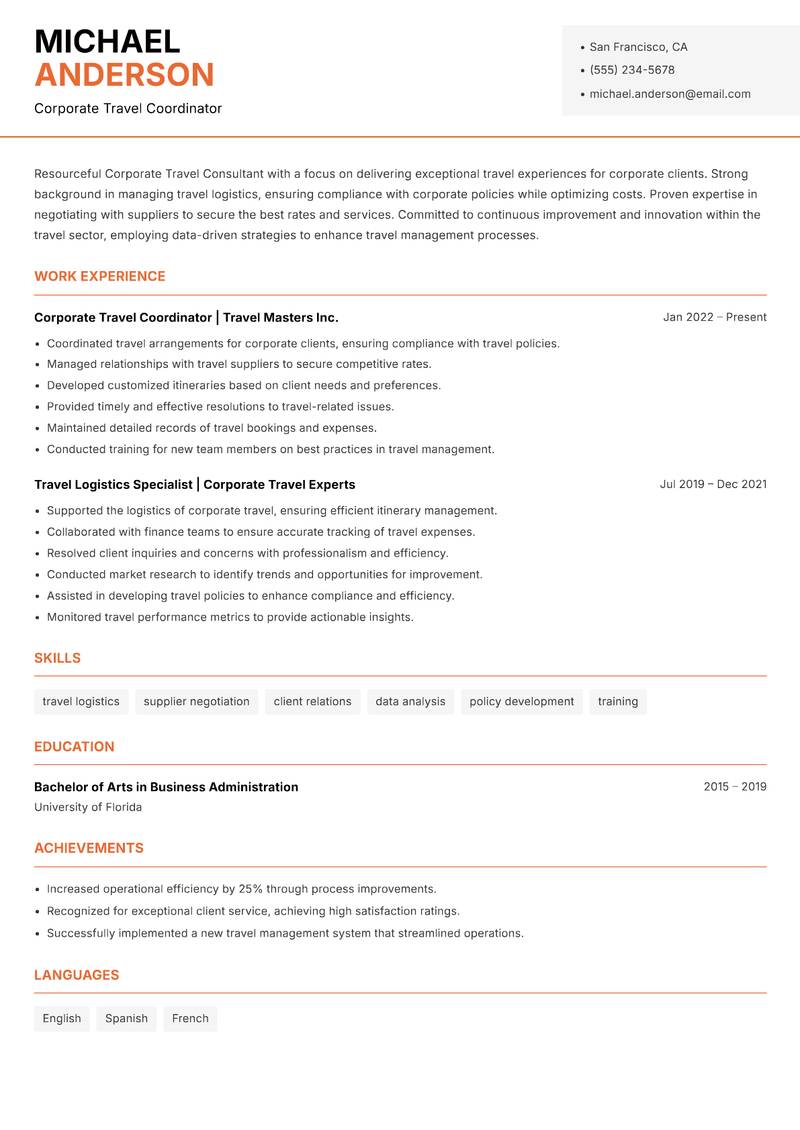 Corporate Travel Consultant resume sample — Corporate Travel Coordinator focus