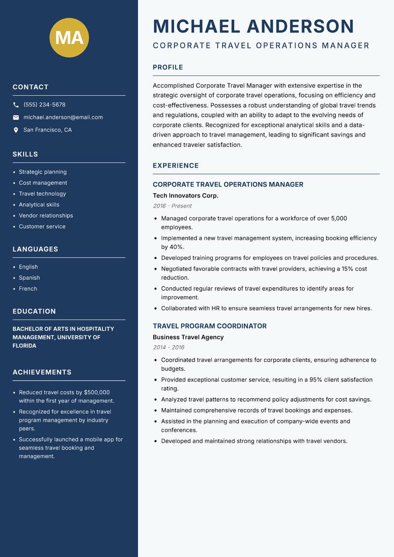 Corporate Travel Manager resume sample — Corporate Travel Operations Manager focus
