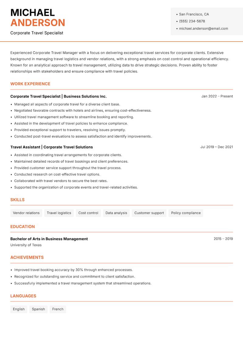 Corporate Travel Manager resume sample — Corporate Travel Specialist focus