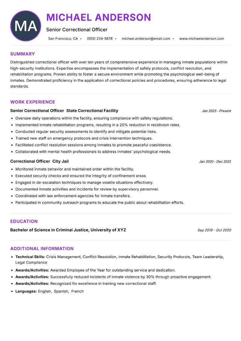 Correctional Officer resume example