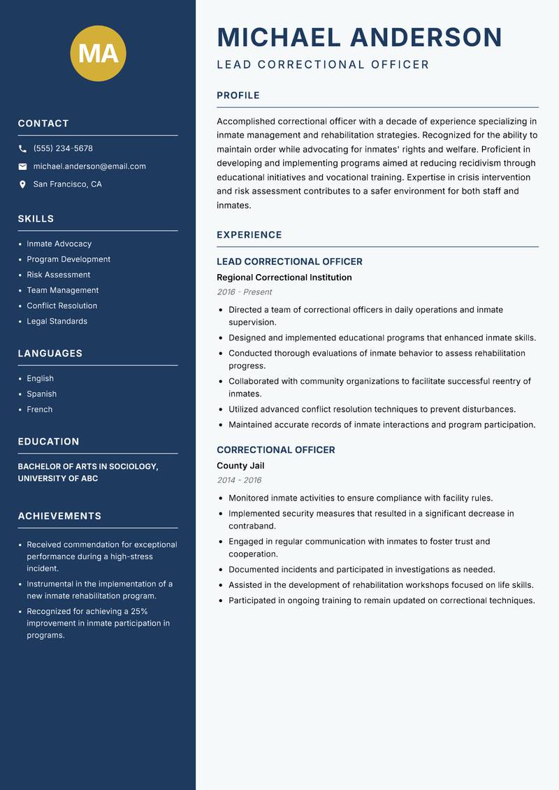 Correctional Officer resume sample — Lead Correctional Officer focus
