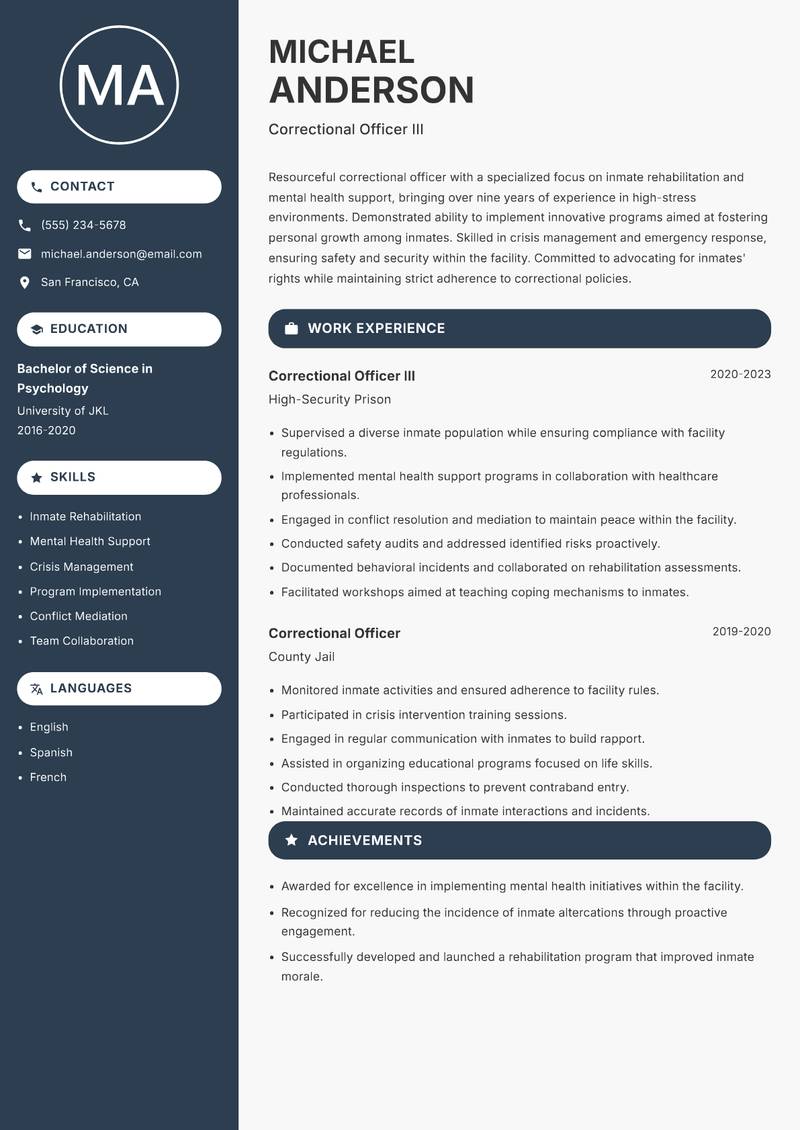 Correctional Officer resume sample — Correctional Officer III focus