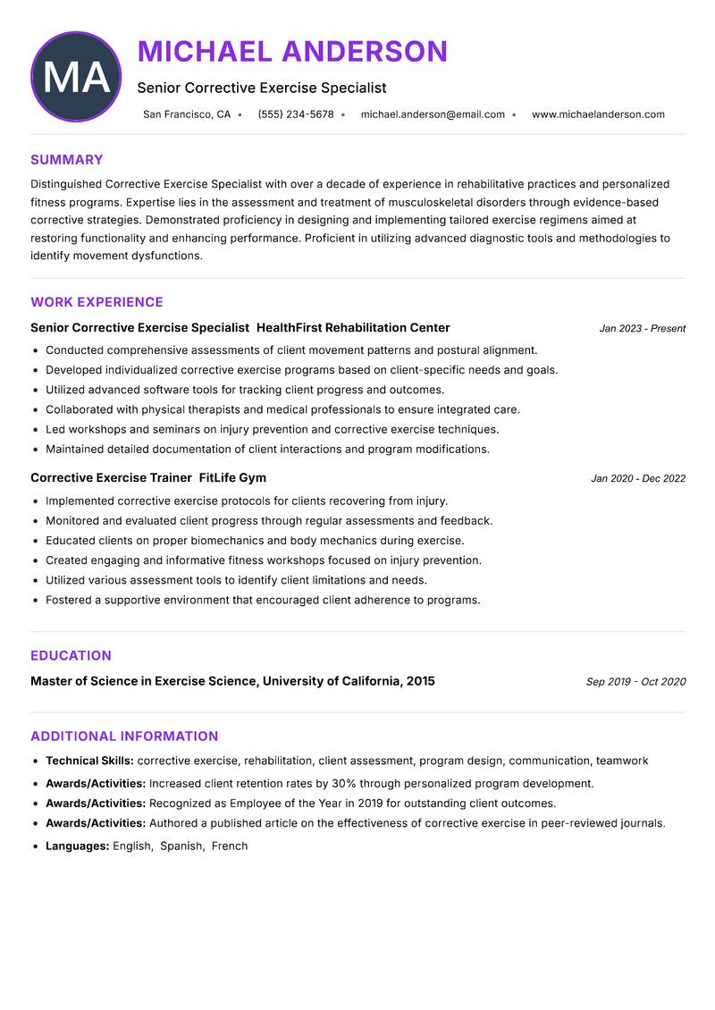 Corrective Exercise Specialist resume example