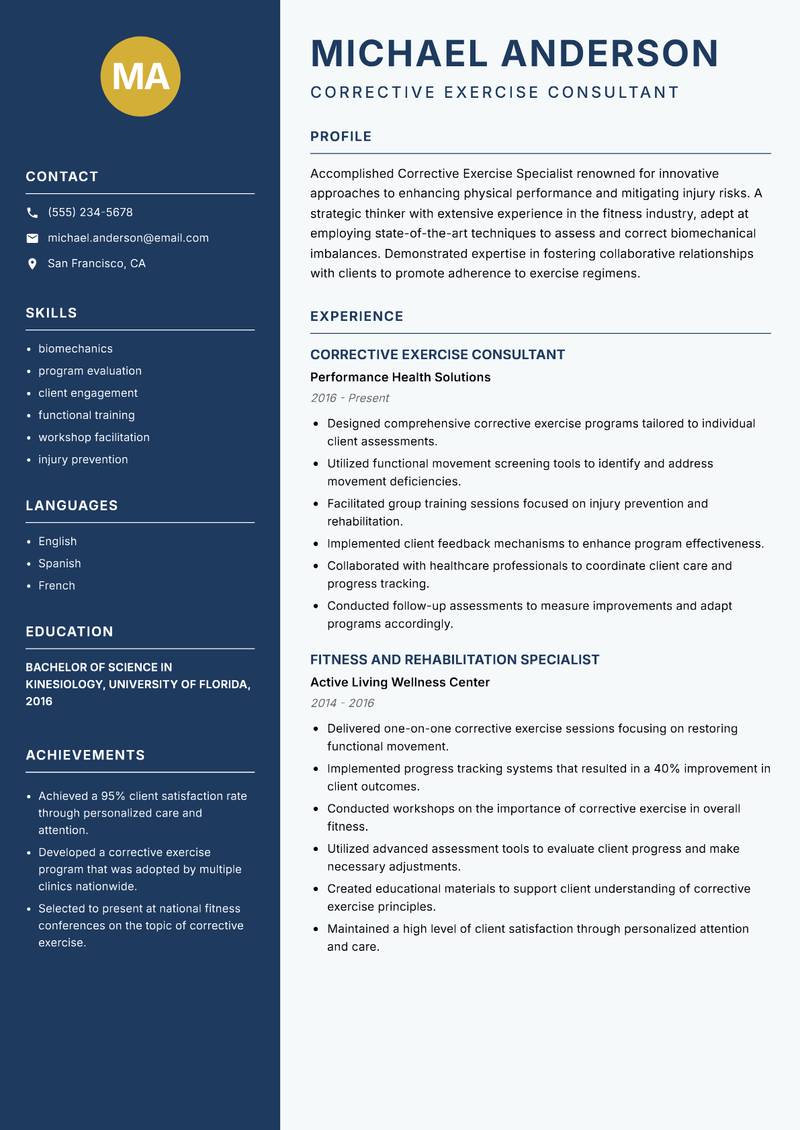 Corrective Exercise Specialist resume sample — Corrective Exercise Consultant focus