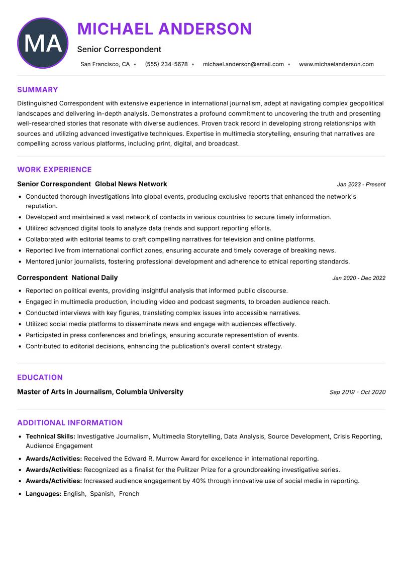 Correspondent resume example