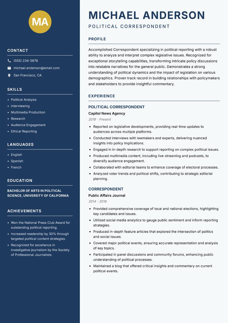 Correspondent resume sample — Political Correspondent focus