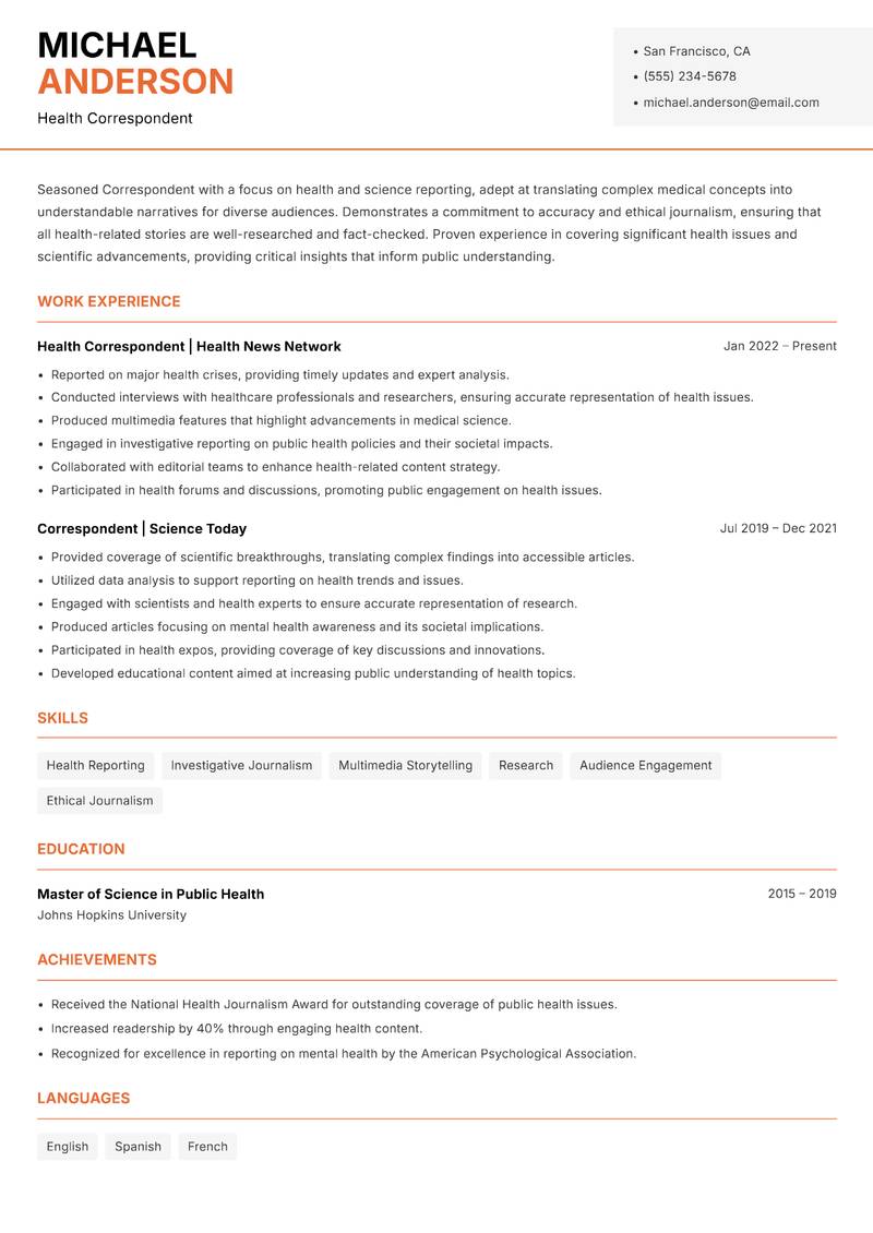Correspondent resume sample — Health Correspondent focus