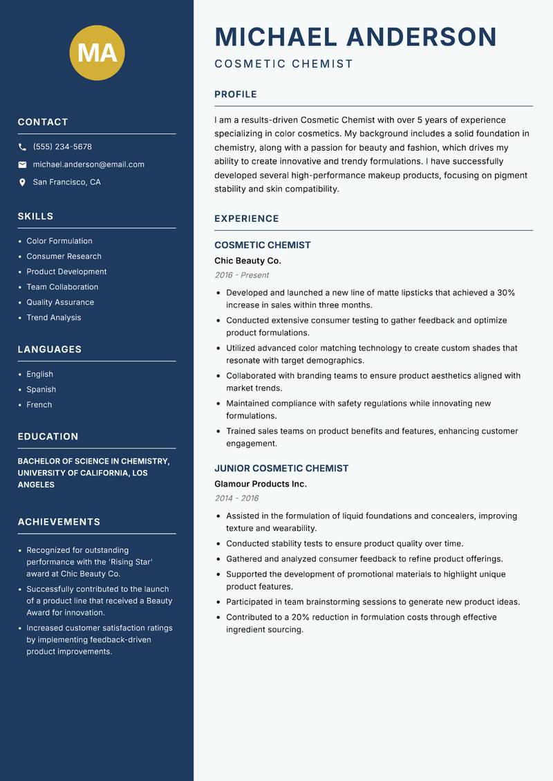 Cosmetic Chemist resume sample — Cosmetic Chemist focus