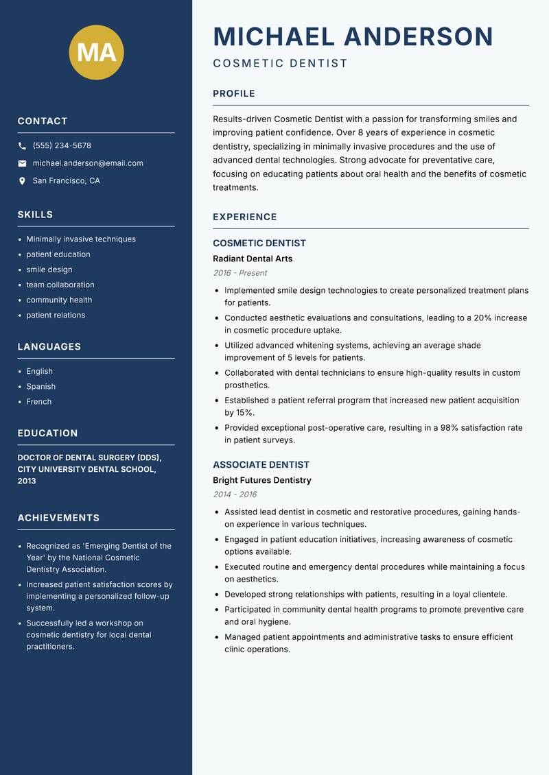Cosmetic Dentist resume sample — Cosmetic Dentist focus