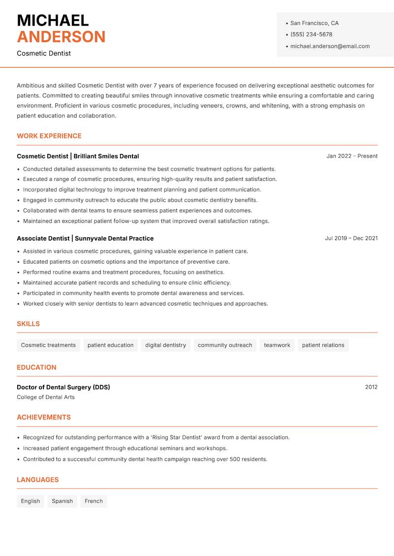 Cosmetic Dentist resume sample — Cosmetic Dentist focus