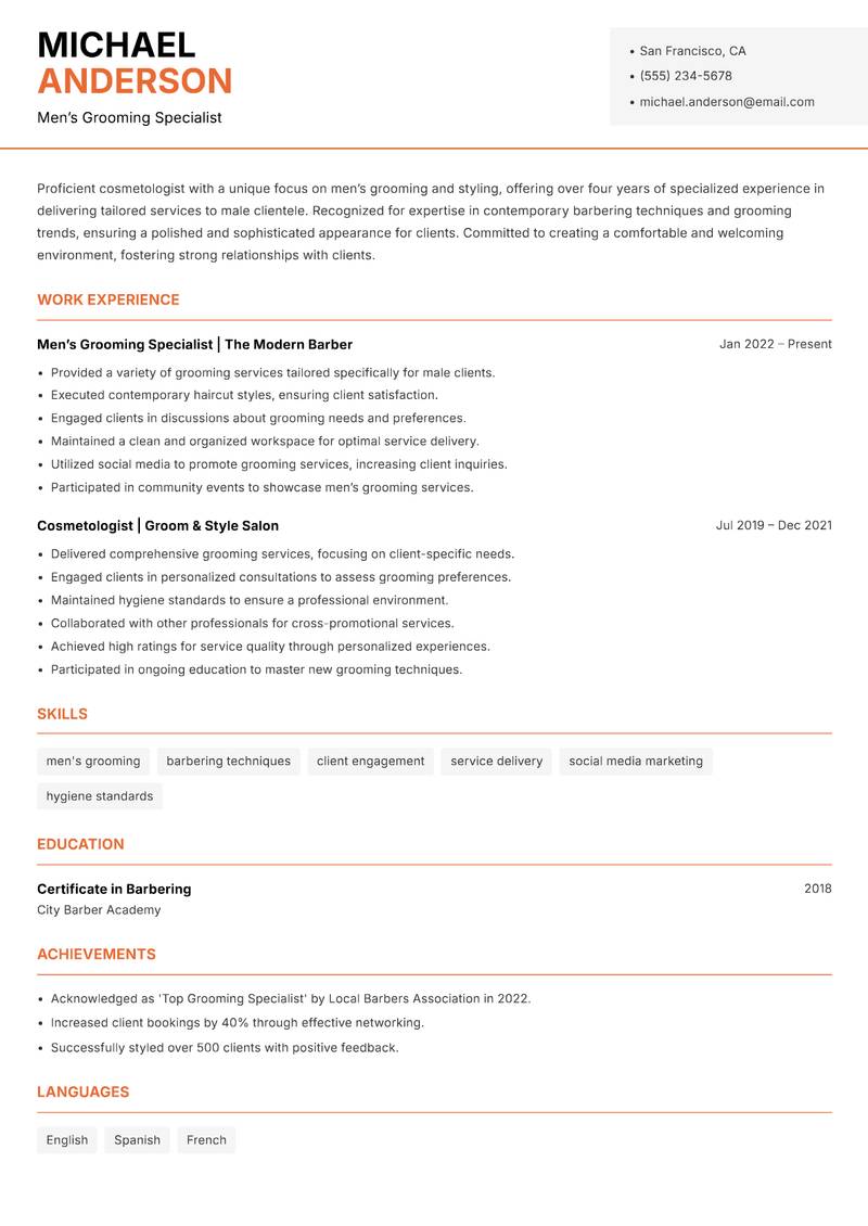 Cosmetologist resume sample — Men’s Grooming Specialist focus