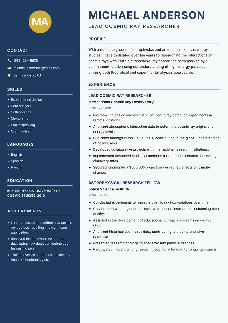 Cosmic Ray Scientist resume sample — Lead Cosmic Ray Researcher focus