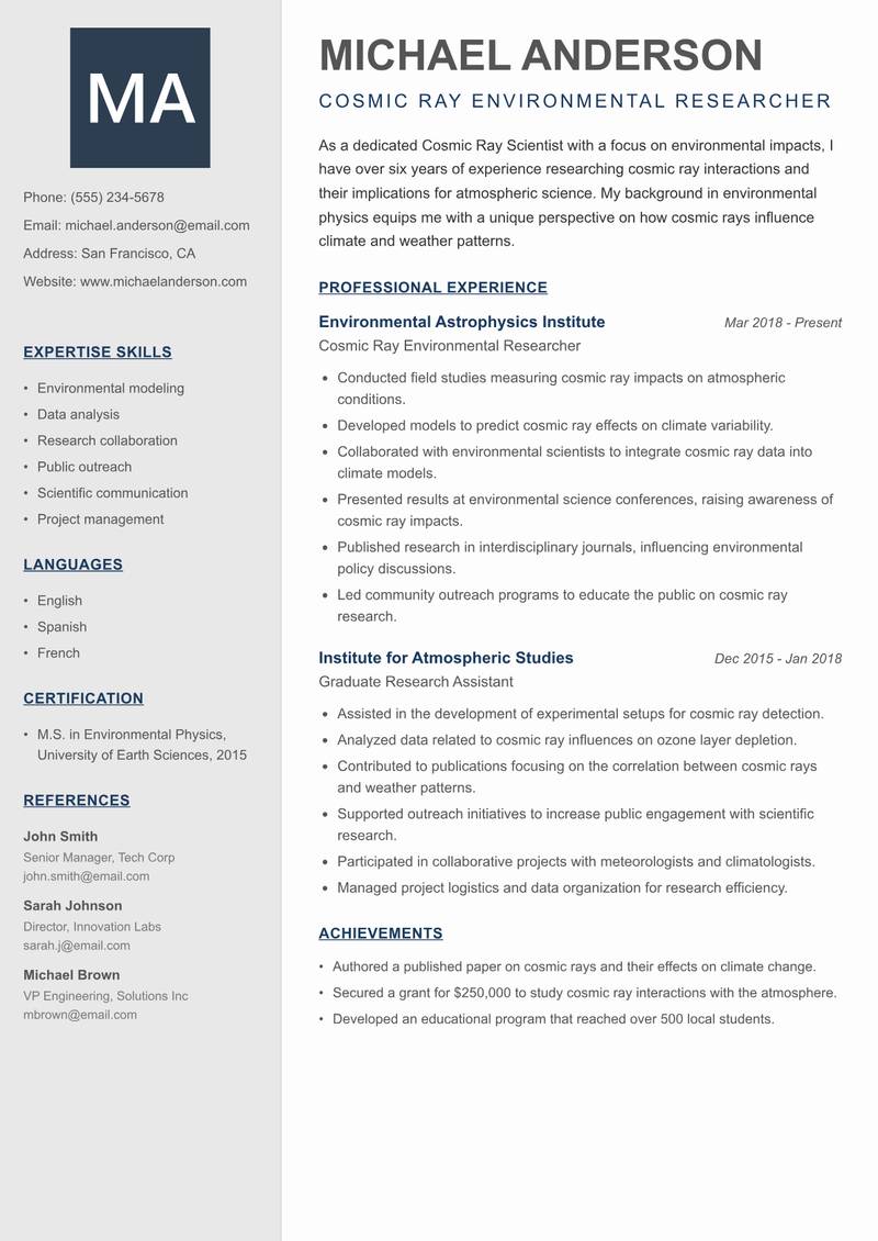 Cosmic Ray Scientist resume sample — Cosmic Ray Environmental Researcher focus