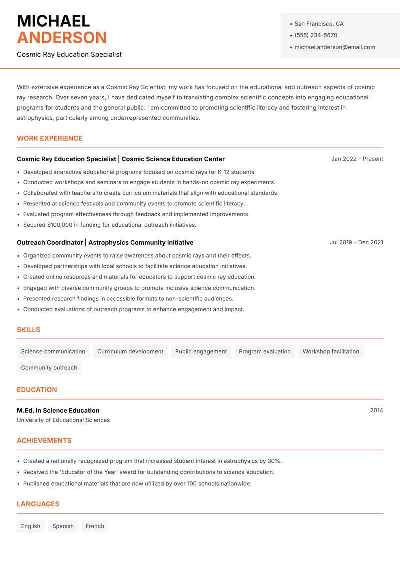 Cosmic Ray Scientist resume sample — Cosmic Ray Education Specialist focus