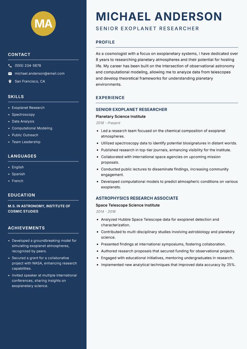 Cosmologist resume sample — Senior Exoplanet Researcher focus