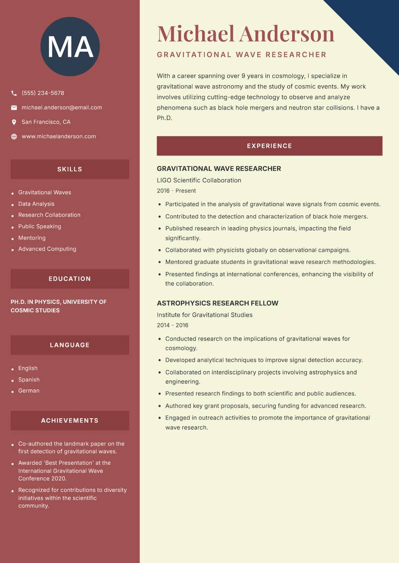 Cosmologist resume sample — Gravitational Wave Researcher focus