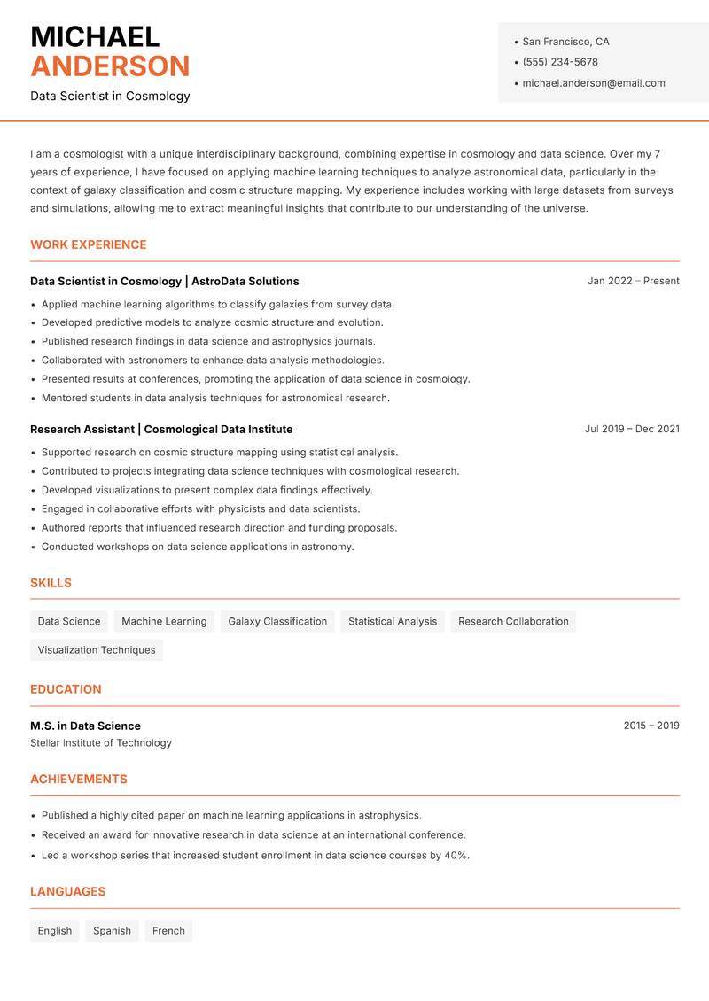 Cosmologist resume sample — Data Scientist in Cosmology focus