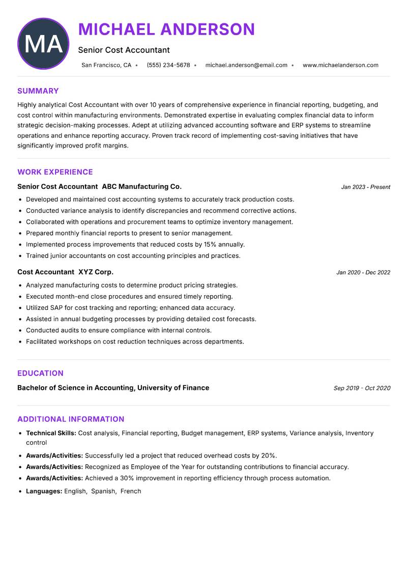 Cost Accountant resume example