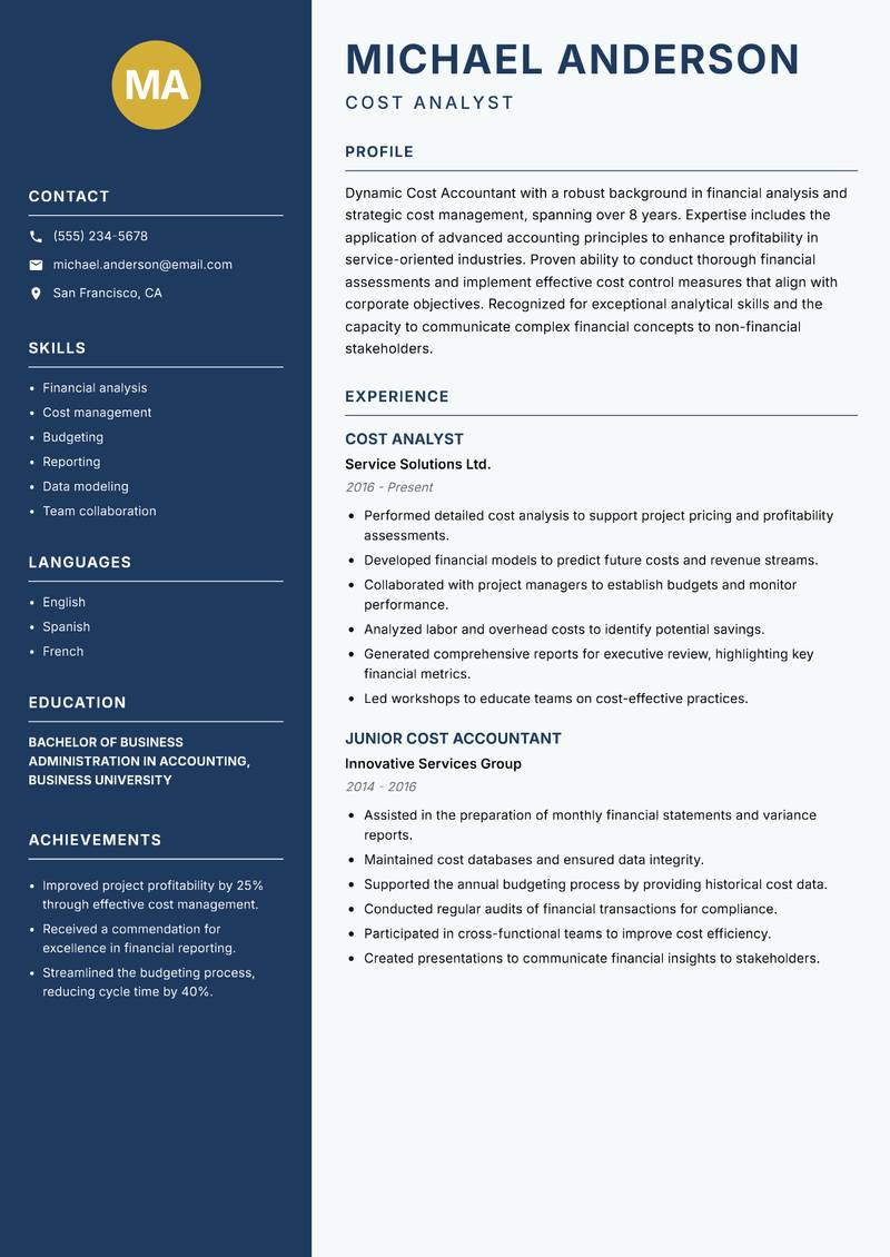 Cost Accountant resume sample — Cost Analyst focus