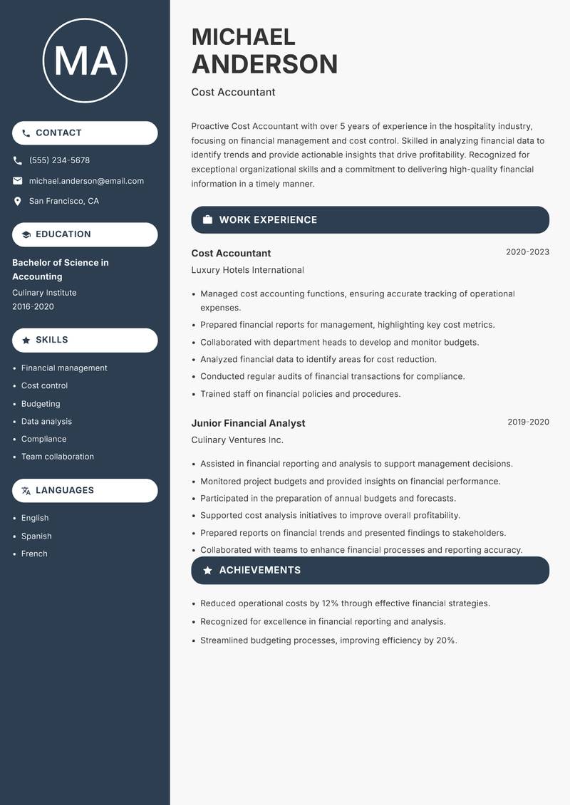 Cost Accountant resume sample — Cost Accountant focus