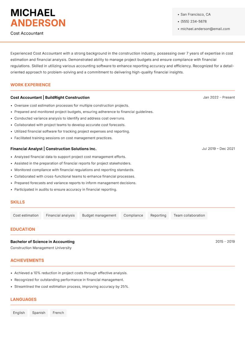 Cost Accountant resume sample — Cost Accountant focus