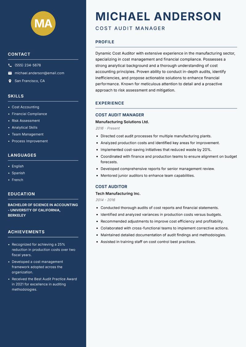 Cost Auditor resume sample — Cost Audit Manager focus