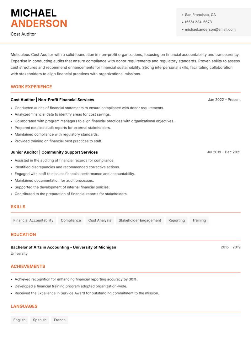 Cost Auditor resume sample — Cost Auditor focus