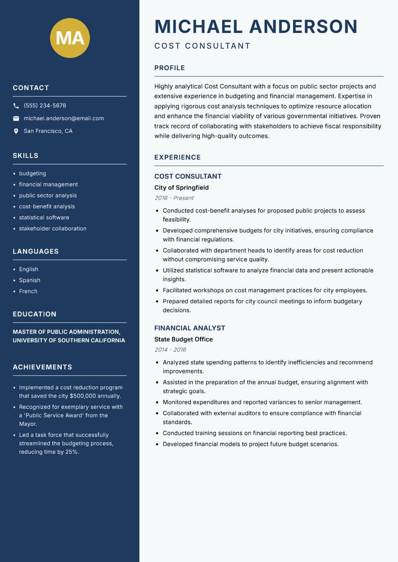 Cost Consultant resume sample — Cost Consultant focus