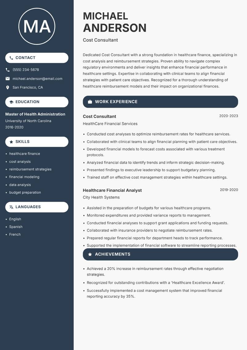 Cost Consultant resume sample — Cost Consultant focus
