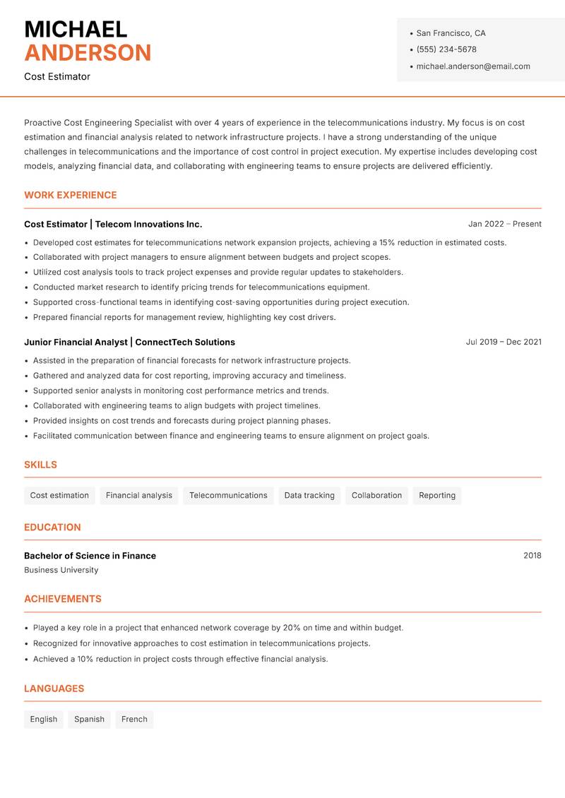 Cost Engineering Specialist resume sample — Cost Estimator focus