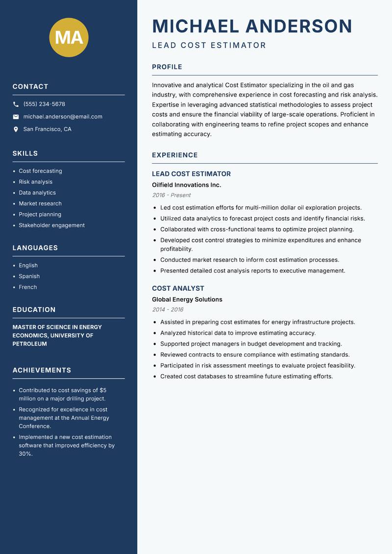 Cost Estimator resume sample — Lead Cost Estimator focus