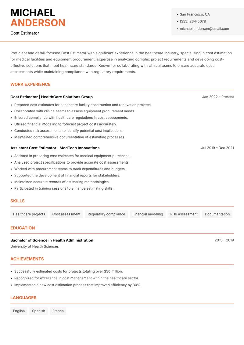 Cost Estimator resume sample — Cost Estimator focus