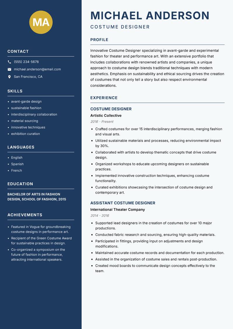 Costume Designer resume sample — Costume Designer focus