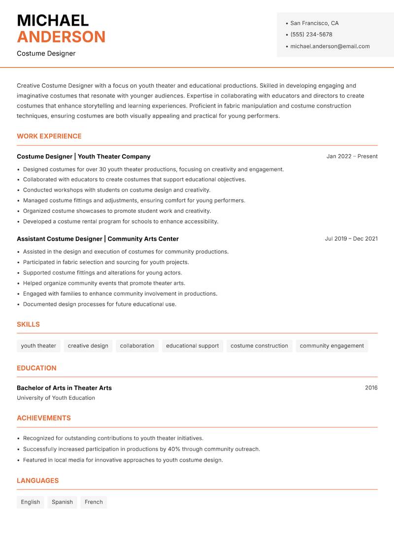 Costume Designer resume sample — Costume Designer focus