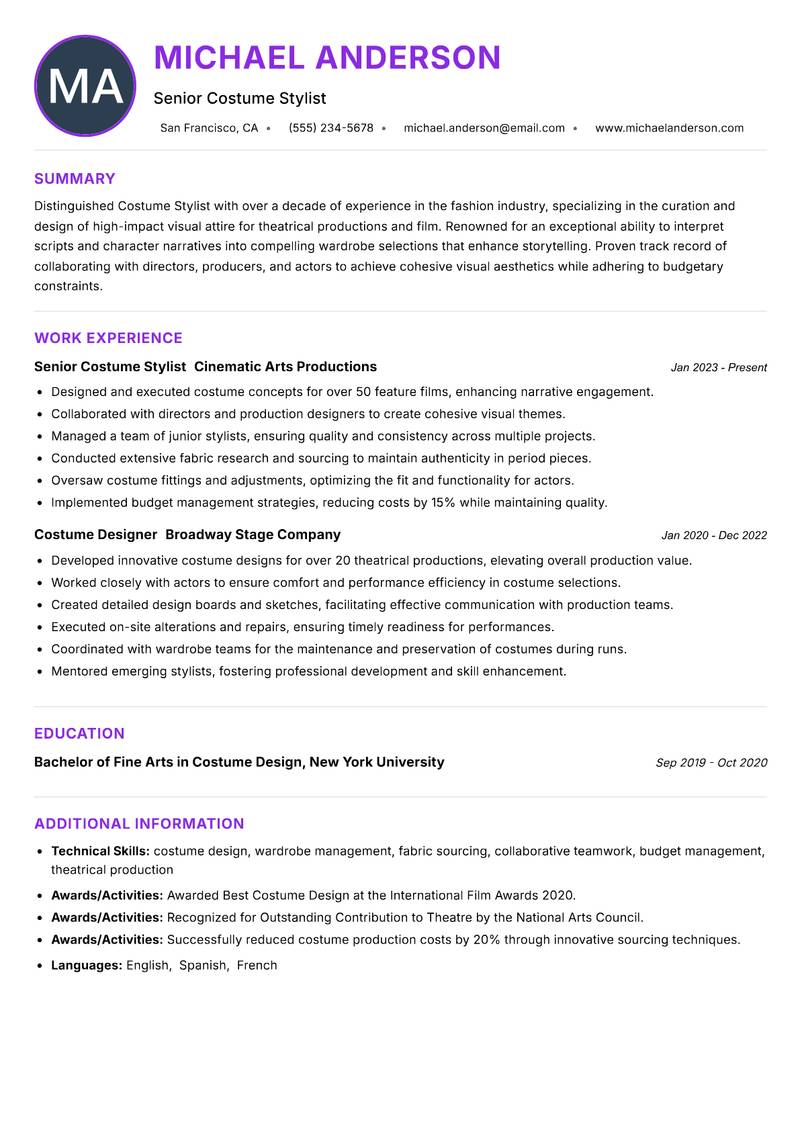 Costume Stylist resume example