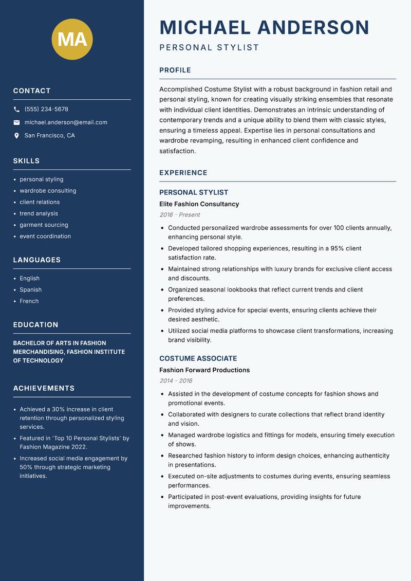 Costume Stylist resume sample — Personal Stylist focus